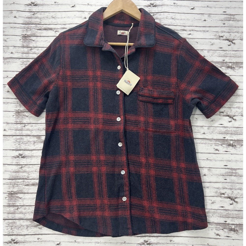 Faherty PJ Polo Top Womens Small Short Sleeve Arlington Plaid Red Black NEW